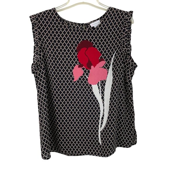 Liz Claiborne Black White Diamond Pattern w/ Bold Red Floral Print Womens Size L - Picture 1 of 9